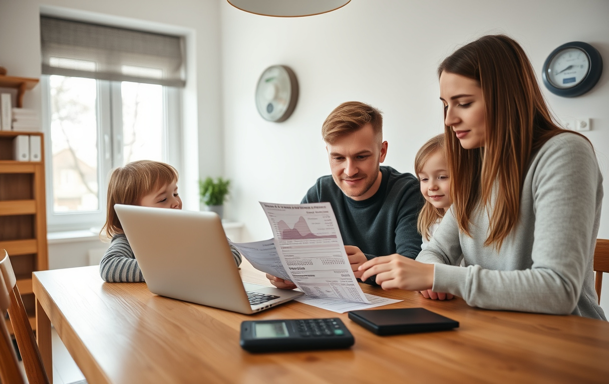 Familj som tittar på elräkning på surfplatta i vardagsrum med elmätare och värmepump i bakgrunden, vinter utomhus.
