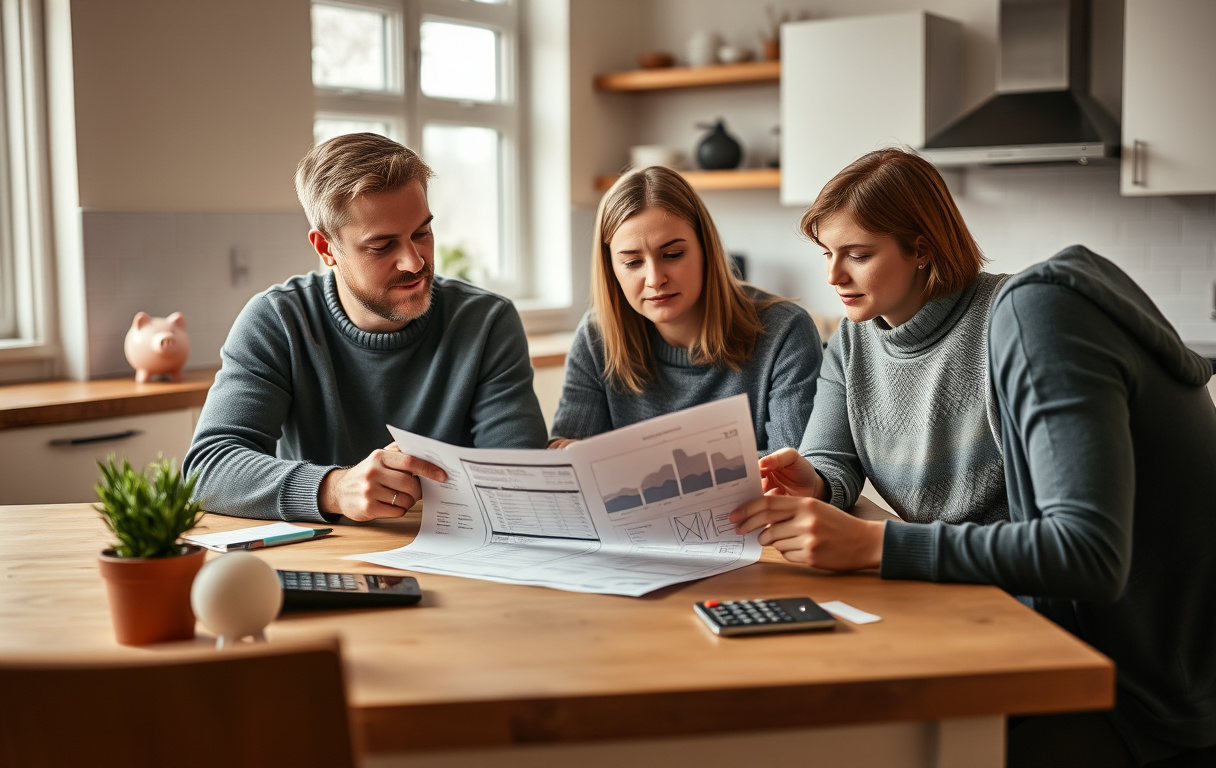 Svensk familj vid köksbordet med elräkning och kalender som visar månatliga betalningar.