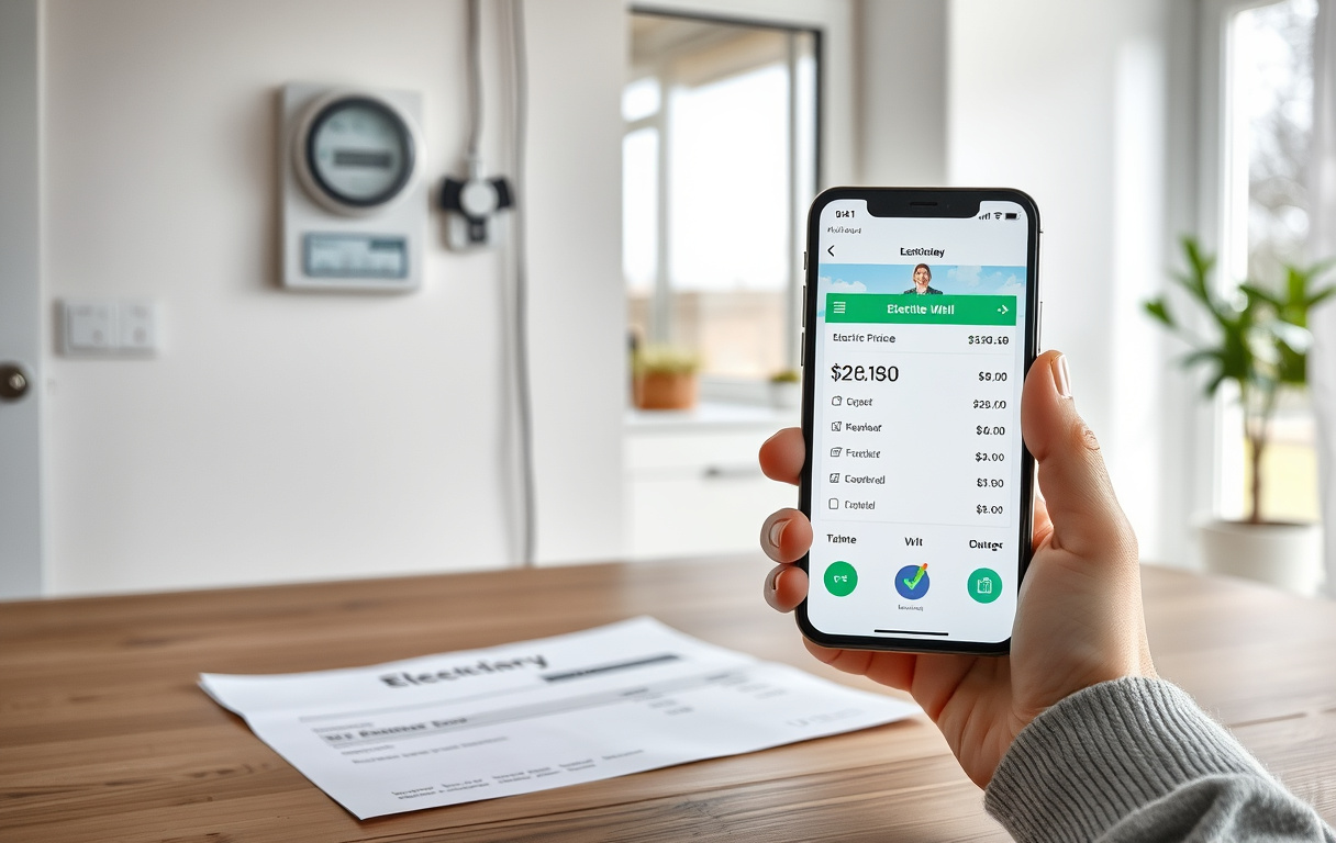 Person som jämför elavtal på mobilen med elmätare i bakgrunden.