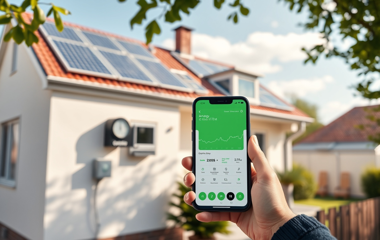 Modern villa med solpaneler på taket och en digital elmätare på fasaden i soligt väder.