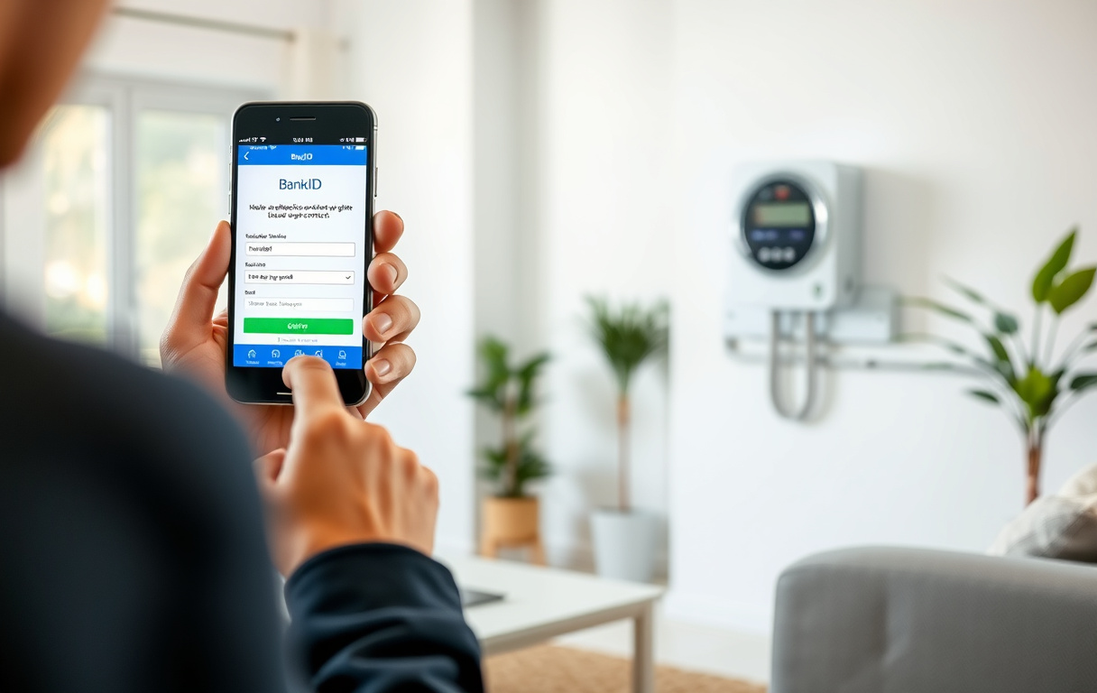 Person som tecknar elavtal online med BankID på mobilen, bredvid ett hus med elmätare